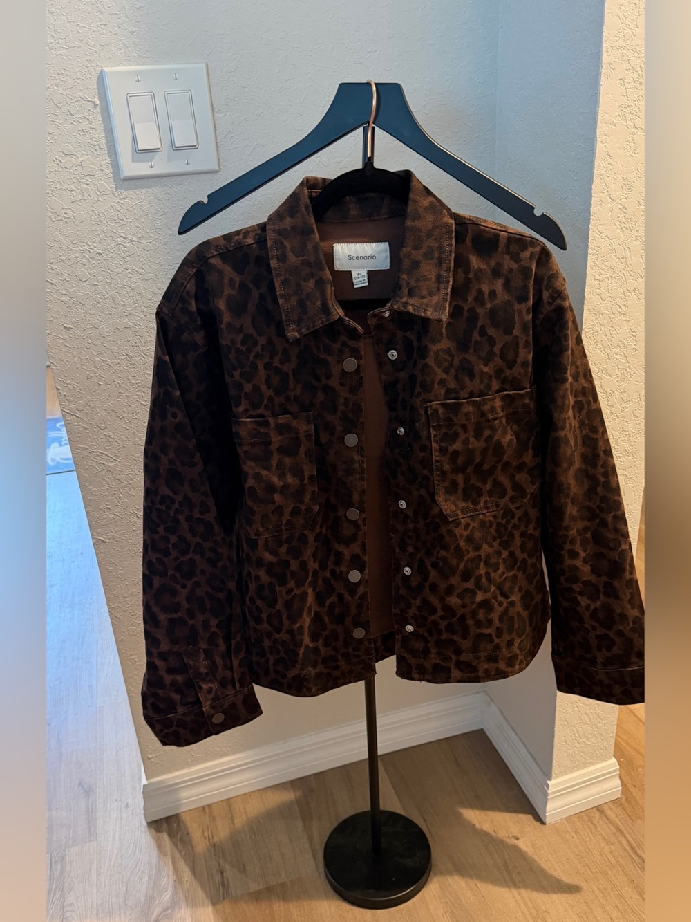 Ladies Brown Leopard Print Button-Up Denim Jacket